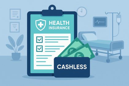 Health insurance card and hospital reception desk illustrating cashless claim process