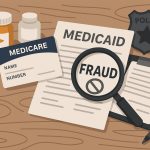 Medicare and Medicaid fraud prevention concept with charts, legal scales, and healthcare symbols
