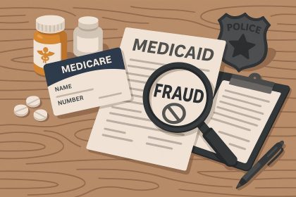 Medicare and Medicaid fraud prevention concept with charts, legal scales, and healthcare symbols