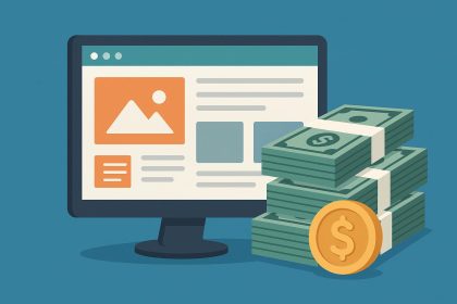 Website designer working on laptop with earnings chart illustrating web design project income