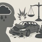 Crumpled car after collision on city street highlights emotional and legal effects of accidents