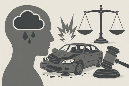 Crumpled car after collision on city street highlights emotional and legal effects of accidents