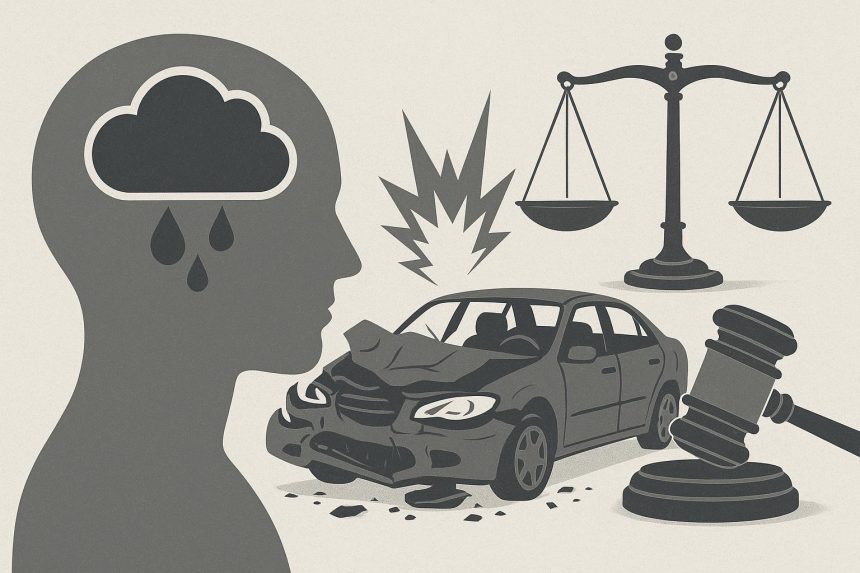 Crumpled car after collision on city street highlights emotional and legal effects of accidents