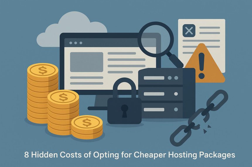 Server racks with discount price tags symbolizing unexpected costs of cheap web hosting plans