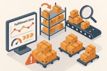 Warehouse workers tracking fulfillment times to improve efficiency and reduce operational bottlenecks