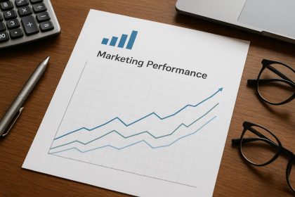 Corporate marketing performance report with upward trending line graph and data charts