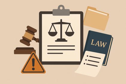 Personal injury claim paperwork, legal documents, and gavel representing legal process steps