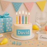 Custom-decorated celebration table featuring personalized gifts and themed party decorations