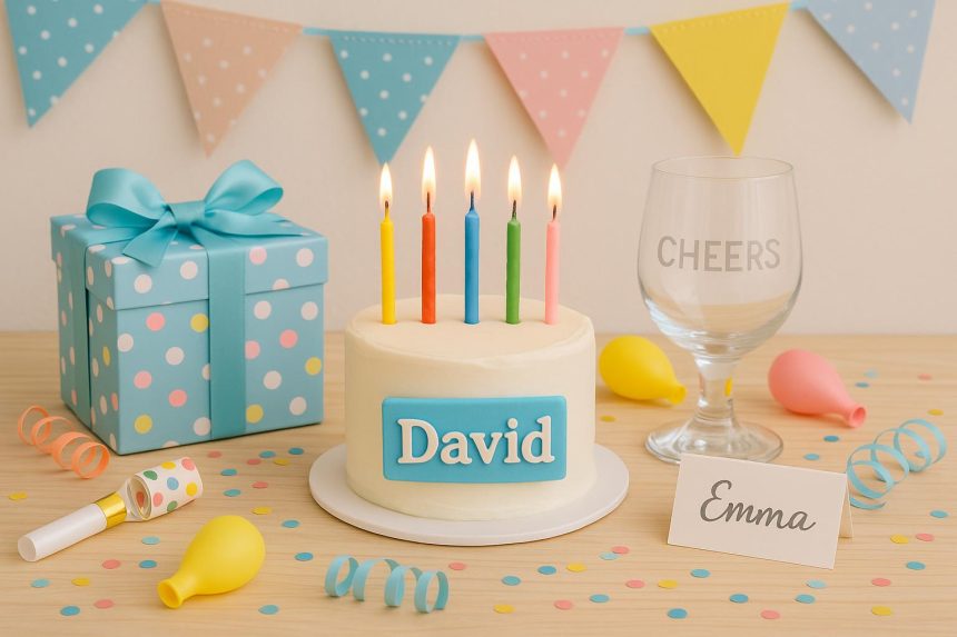 Custom-decorated celebration table featuring personalized gifts and themed party decorations