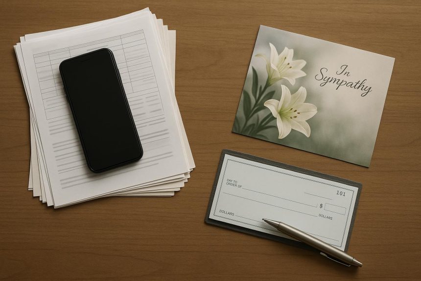 Paperwork, phone, and household items representing tasks after experiencing a personal loss