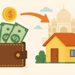 Indian family receiving money transfer support through digital banking app and currency notes
