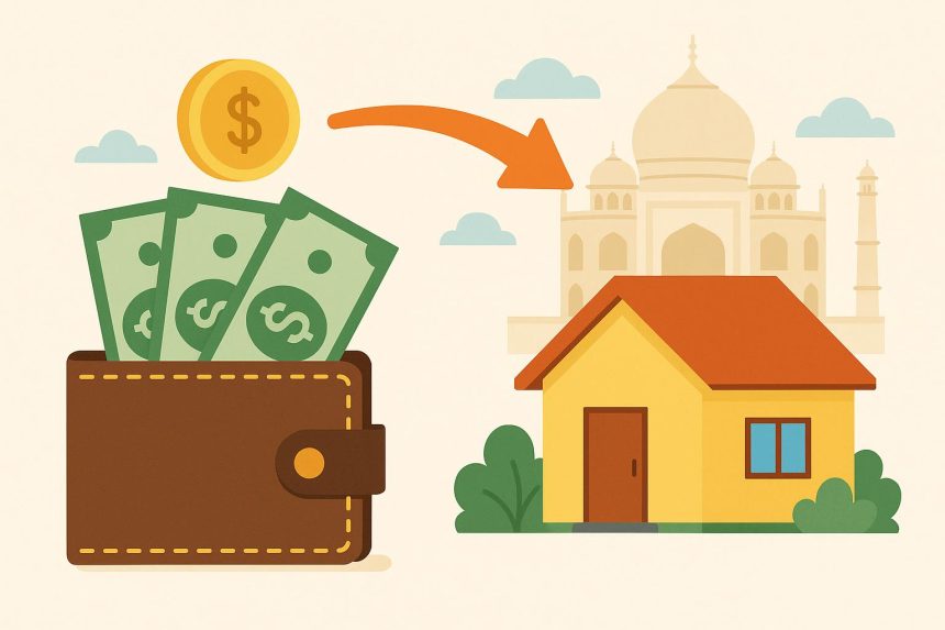 Indian family receiving money transfer support through digital banking app and currency notes