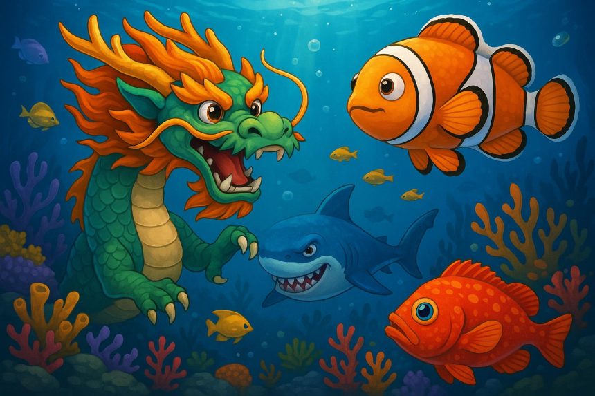 Colorful fish arcade game interface with Fire Kirin characters and underwater gameplay elements