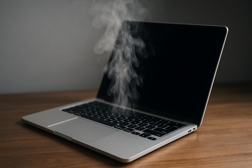 MacBook with overheating warning on screen and heat waves rising from the keyboard