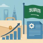 Foreign entrepreneur registering a business in Saudi Arabia with cityscape and paperwork