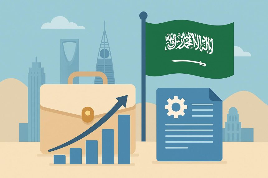 Foreign entrepreneur registering a business in Saudi Arabia with cityscape and paperwork