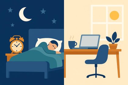 Peaceful bedroom with cozy bed and soft lighting promoting restful sleep for better productivity
