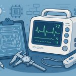 Modern medical device prototype with technical blueprints representing design and development stages