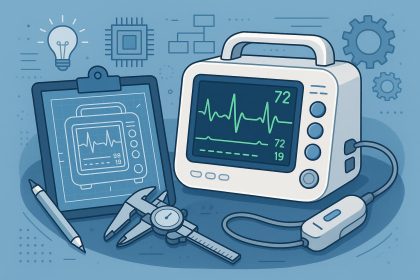 Modern medical device prototype with technical blueprints representing design and development stages