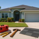 Damaged Sarasota home roof with tools, illustrating repair versus replacement decision