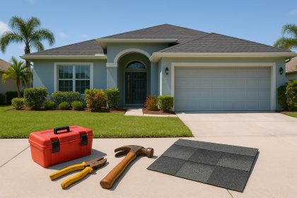 Damaged Sarasota home roof with tools, illustrating repair versus replacement decision