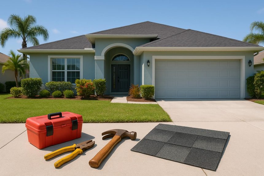 Damaged Sarasota home roof with tools, illustrating repair versus replacement decision