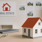Modern real estate agent presenting property options to home buyers in a stylish office setting