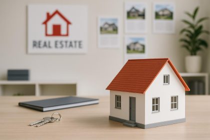 Modern real estate agent presenting property options to home buyers in a stylish office setting