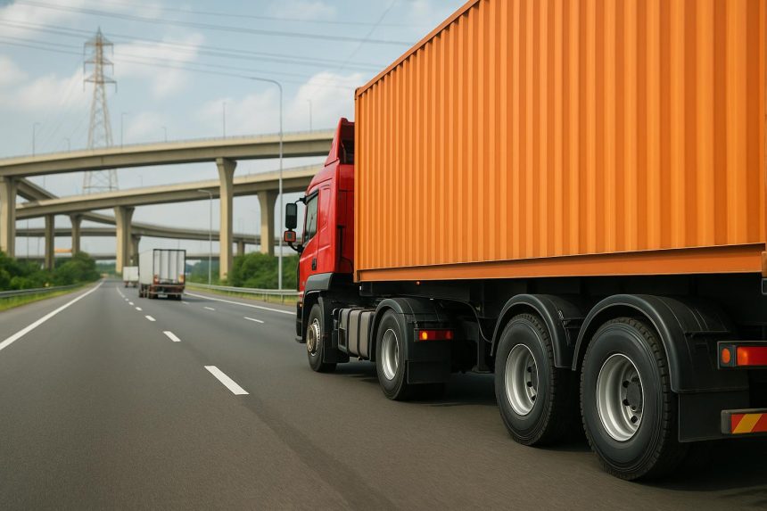 Fleet of modern trucks on highway showcasing growth in India’s logistics and tyre industry