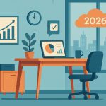 Modern workspace with digital devices and charts representing evolving remote work productivity trends