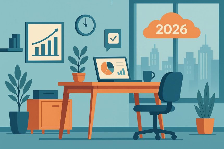 Modern workspace with digital devices and charts representing evolving remote work productivity trends