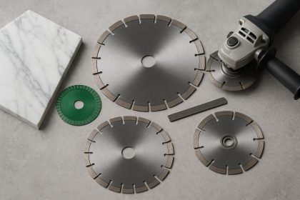Assorted marble cutting blades arranged for professional use on a construction workbench