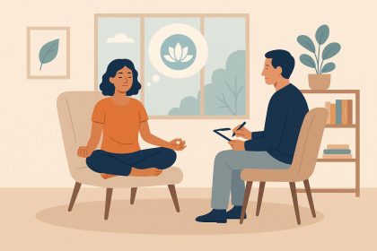 Therapist guiding client in a private counseling session focused on mindfulness techniques