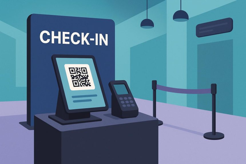 Digital event check-in kiosk with touchscreen at modern conference entrance setting the event tone