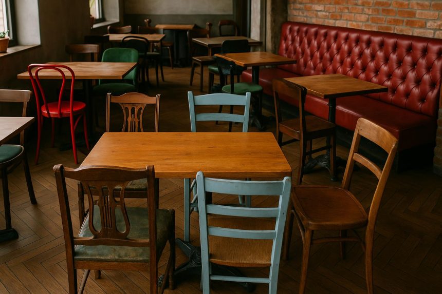 Misaligned restaurant tables and chairs highlighting poor floor planning in dining spaces