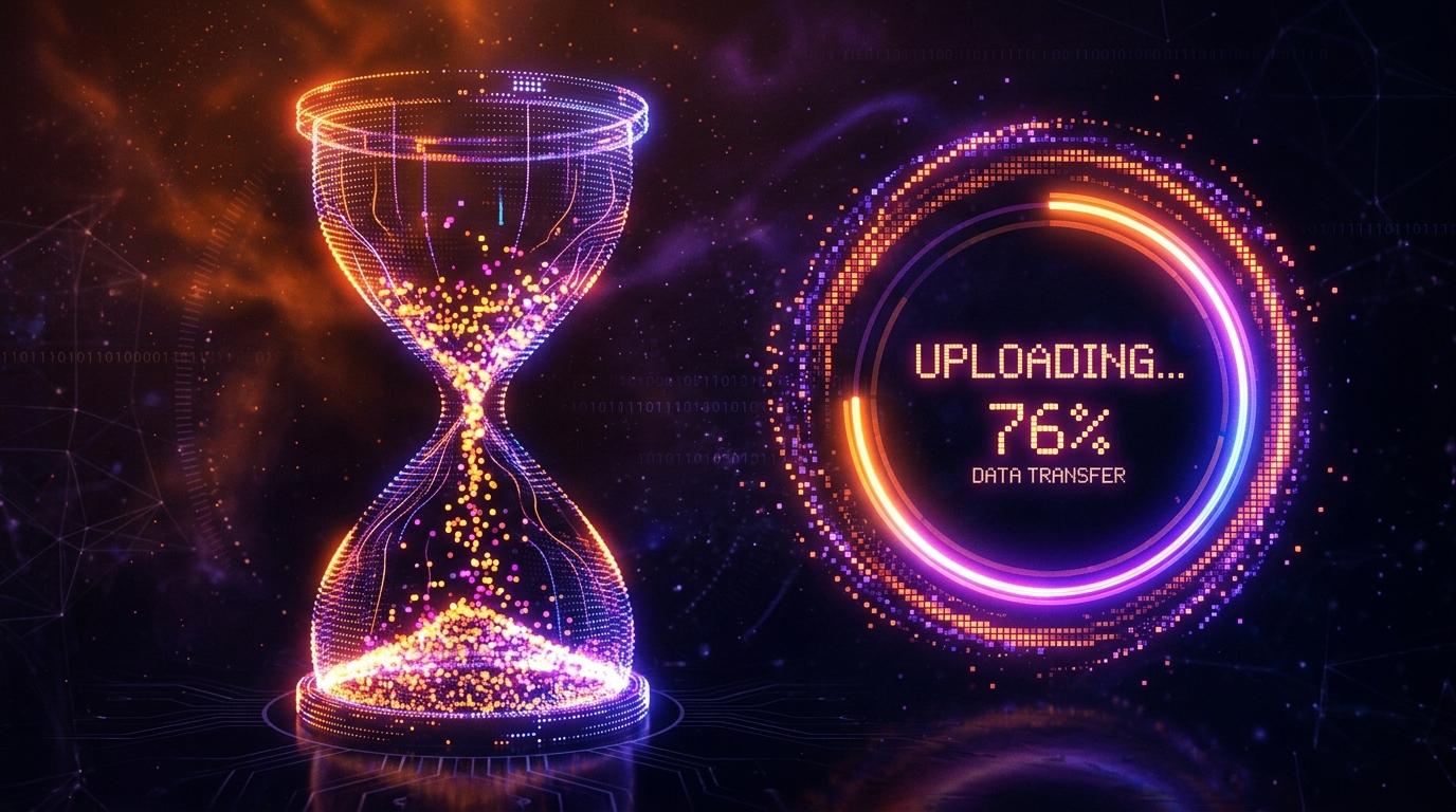 A digital hourglass and a circular upload progress ring displaying 76%, representing the user experience of waiting during an active file transfer.