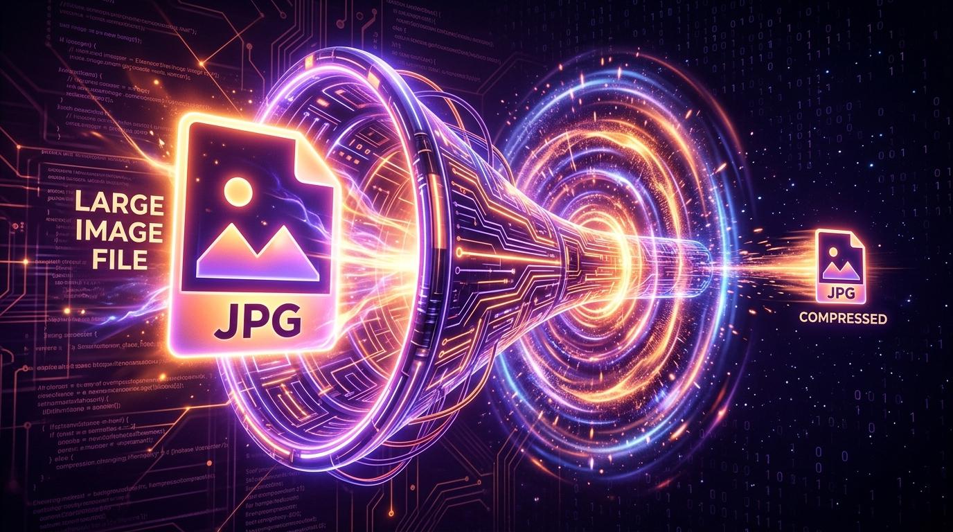 A large JPG file passing through a compression funnel and emerging significantly smaller on the other side, illustrating the concept of client-side image compression before upload.