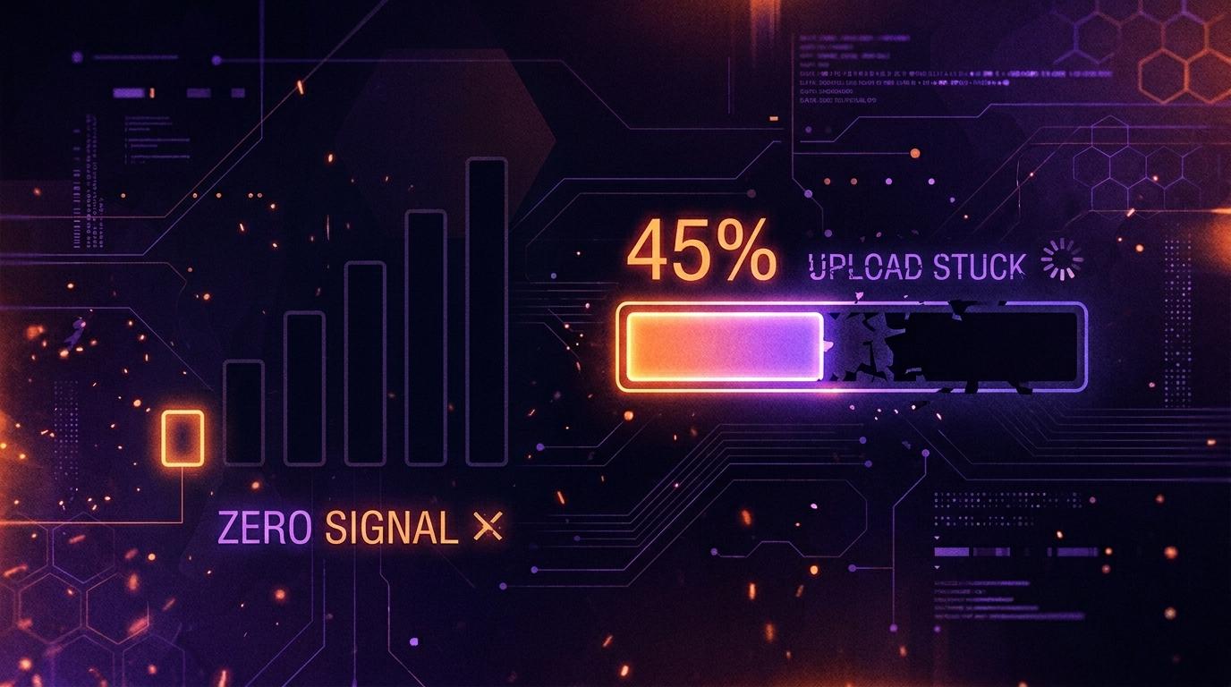 A visual representation of a stalled file upload, showing a progress bar frozen at 45% alongside a zero-signal indicator, illustrating what happens when a network connection drops mid-transfer.