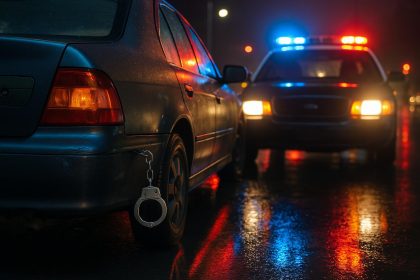 Police car with flashing lights at night after minor traffic accident in Seattle, DUI case context