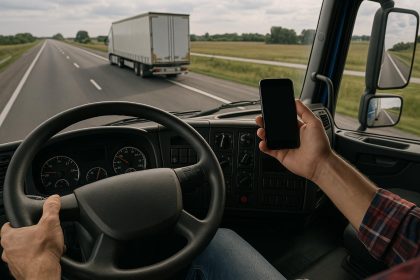 Large truck swerving on highway due to distracted driving, highlighting road safety risks