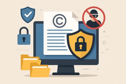 Digital lock icon over a webpage representing online content protection and copyright security