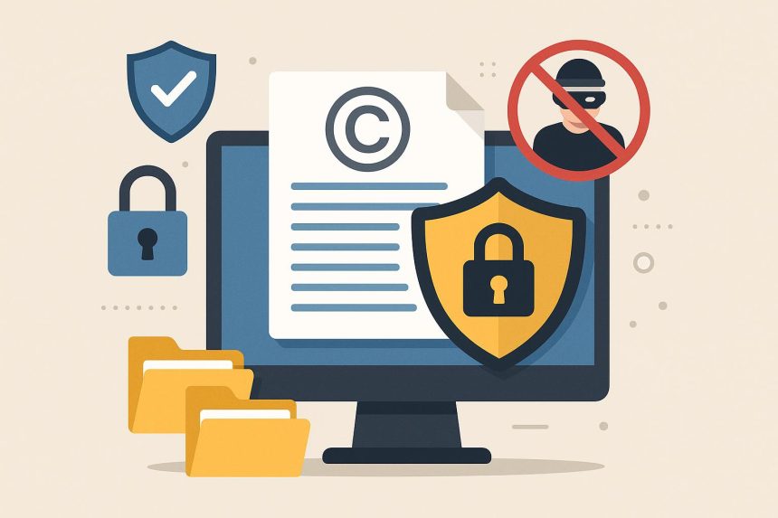 Digital lock icon over a webpage representing online content protection and copyright security