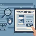 Online testosterone purchase represented by secure payment and digital marketplace visuals