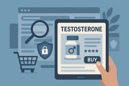 Online testosterone purchase represented by secure payment and digital marketplace visuals