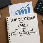 Business acquisition due diligence checklist concept with documents, charts, and legal symbols