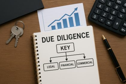 Business acquisition due diligence checklist concept with documents, charts, and legal symbols