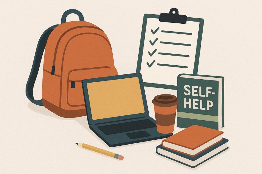 Desk with open notebook, colorful pens, planner, and coffee mug for organized student study tips