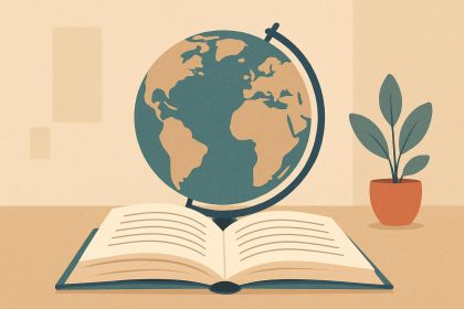 Open notebook, smartphone language app, and minimalist workspace for fast language learning