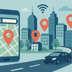 Modern city skyline with digital map pins highlighting smart city location discovery technology