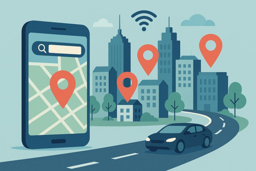 Modern city skyline with digital map pins highlighting smart city location discovery technology